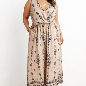 Sleeveless Beige and Black Patterned Bohemian Dress Plus 2X